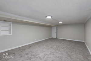 Finished basement with a textured ceiling and carpet flooring