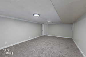 Finished basement with a textured ceiling, light carpet, and ornamental molding