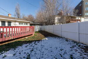 Fenced backyard featuring a wooden deck