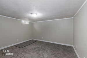 Carpeted spare room with a textured ceiling