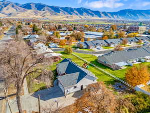 Aerial perspective of suburban area with mountains