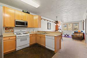Kitchen featuring appliances with stainless steel finishes, light countertops, open floor plan, a peninsula