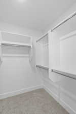 Spacious closet featuring light colored carpet