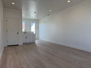 Sky Room- featuring light wood-type flooring, a textured ceiling, and recessed lighting