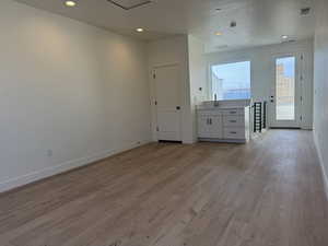 Sky Room- featuring light wood-type flooring, a textured ceiling, and recessed lighting
