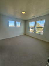 Carpeted empty room with a textured ceiling and healthy amount of natural light