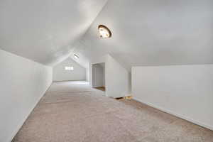 Additional living space featuring vaulted ceiling and light carpet