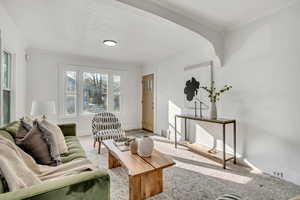 Carpeted living room featuring ornamental molding