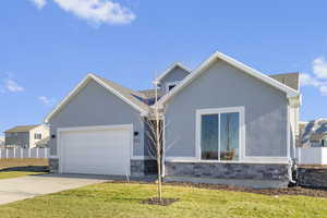View of front of home featuring concrete driveway, an attached garage, stucco siding, and a shingled roof