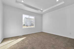 Spare room with carpet floors, recessed lighting, and a raised ceiling
