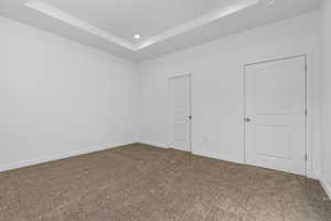 Unfurnished bedroom featuring carpet floors, a raised ceiling, and recessed lighting