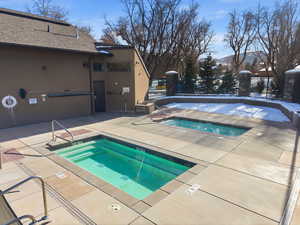 View of swimming pool featuring a community hot tub, a patio, and a pool