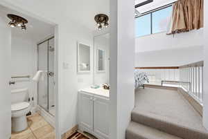 Full bathroom with vanity and a stall shower