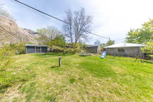 Big backyard with fruit trees and view of mountains