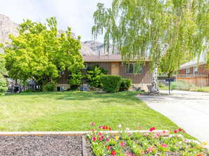Beautiful brick house with mature trees, landscaping and view of the mountains