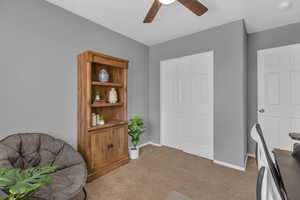 Living area with carpet and ceiling fan