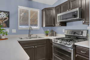 Kitchen featuring appliances with stainless steel finishes, dark brown cabinets, and light countertops