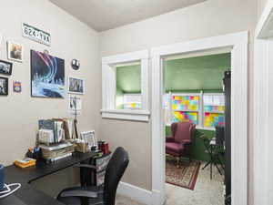 Office space featuring a textured wall, carpet, and a textured ceiling