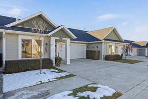 View of front of property featuring board and batten siding, roof with shingles, concrete driveway, and a garage