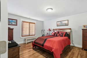Bedroom with wood finished floors and a textured ceiling