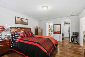 Bedroom with a walk in closet and dark wood-style flooring