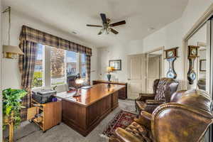 Office featuring carpet floors and a ceiling fan