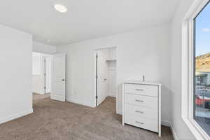 Unfurnished bedroom featuring a walk in closet and carpet flooring