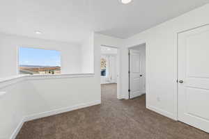 Interior space with dark colored carpet and recessed lighting