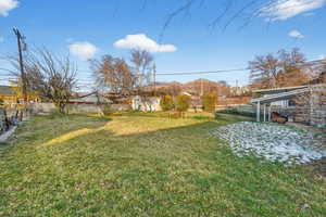 Fenced backyard featuring a residential view
