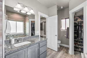 Full bathroom featuring a spacious closet, healthy amount of natural light, vanity, and light wood-style floors