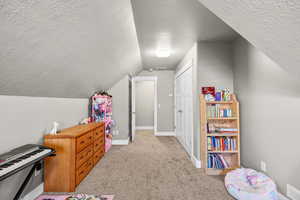 Playroom with a textured ceiling, light colored carpet, and lofted ceiling