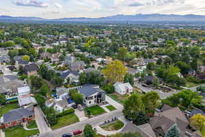 Aerial perspective of suburban area with mountains