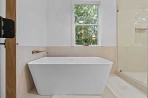 Full bath with wainscoting, a freestanding bath, and a stall shower