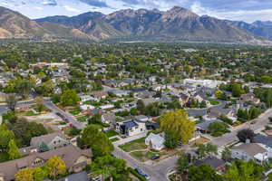 Aerial view of residential area with mountains
