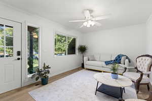 Living room featuring ornamental molding, light wood finished floors, and a ceiling fan
