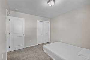 Carpeted bedroom featuring a closet and a textured ceiling