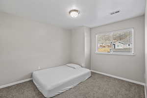 Bedroom with carpet flooring and a textured ceiling