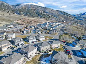 Aerial perspective of suburban area with mountains