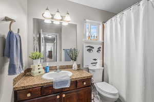 Bathroom with a shower with shower curtain and vanity