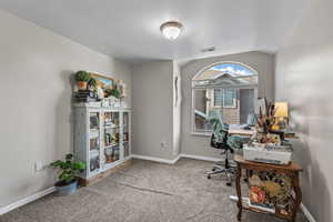 Carpeted office space with a textured ceiling and baseboards
