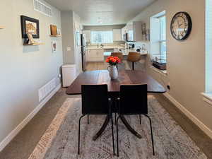 Dining space featuring a textured ceiling, healthy amount of natural light, and light colored carpet