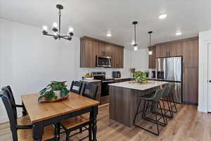 Kitchen with appliances with stainless steel finishes, a kitchen island, decorative light fixtures, a breakfast bar, and light wood finished floors