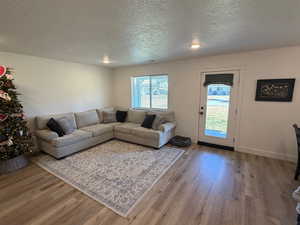 Living room featuring a textured ceiling and light wood finished floors