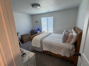 Carpeted bedroom with a textured ceiling