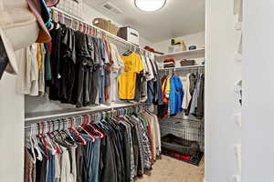 Spacious closet with light carpet