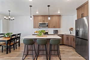 Kitchen with appliances with stainless steel finishes, decorative light fixtures, a center island, light wood-style flooring, and a kitchen breakfast bar