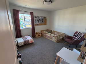 Carpeted bedroom featuring a crib and a textured ceiling