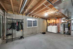 Unfinished basement with water heater, independent washer and dryer, and heating unit