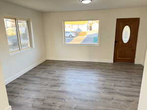 Foyer entrance with wood finished floors and healthy amount of natural light