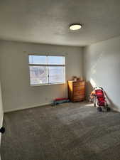 Unfurnished bedroom with a textured ceiling and carpet